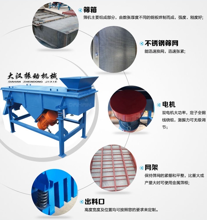525型直線振動篩結構細節:篩箱:篩機主要組成部分,由數張厚度不同的鋼板焊制而成,強度,剛度好。不銹鋼篩網:能速換網,迅速張緊。電機:雙電機大功率,定子全銅線繞組,激振力可無級調節。網架:保持篩網的緊繃和平整,比重大或產量大時可使用金屬篩框。出料口:高度寬度及位置均可按照您的要求定制。