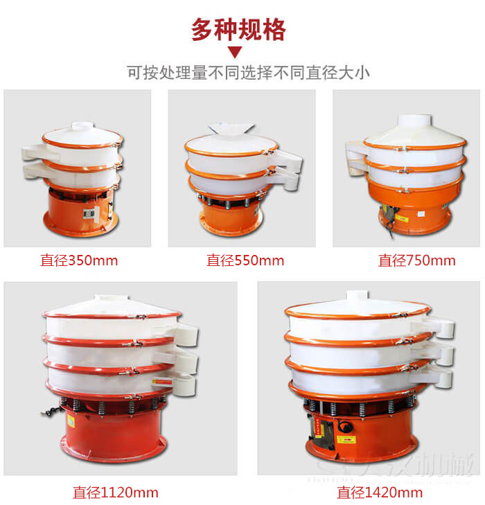 塑料振動篩不同篩分直徑進行展示：350，550，750，1120，1420等。