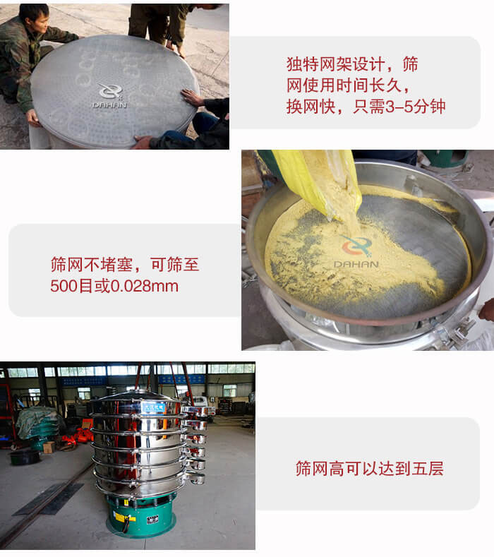 三次元振動篩的特點：篩網使用時間長換讓時間短，篩網不堵塞，可篩至500目或0.028mm。