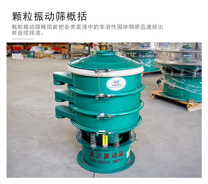 顆粒式振動篩是針對顆粒狀物料進(jìn)行研發(fā)的，由于顆粒的形狀有很多的不同所以，廠家在清網(wǎng)裝置方面進(jìn)行提升效率。